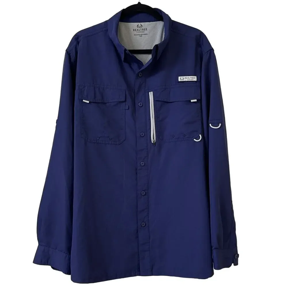 Realtree Fishing XL Dark Blue Lg Sleeve Shirt Velcro Envelope & Side Zip Pockets
